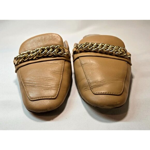 Gianni Bini Tan Flat Mule Slip-On Gold Chain Sz 7 Leather Embellished Career - Picture 12 of 12